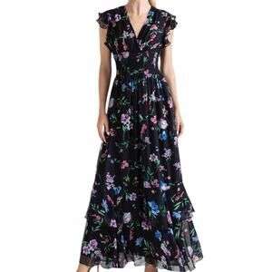 Shoshanna Women Black Floria Multi Soiree Floral Romantic Long Dress Size 2